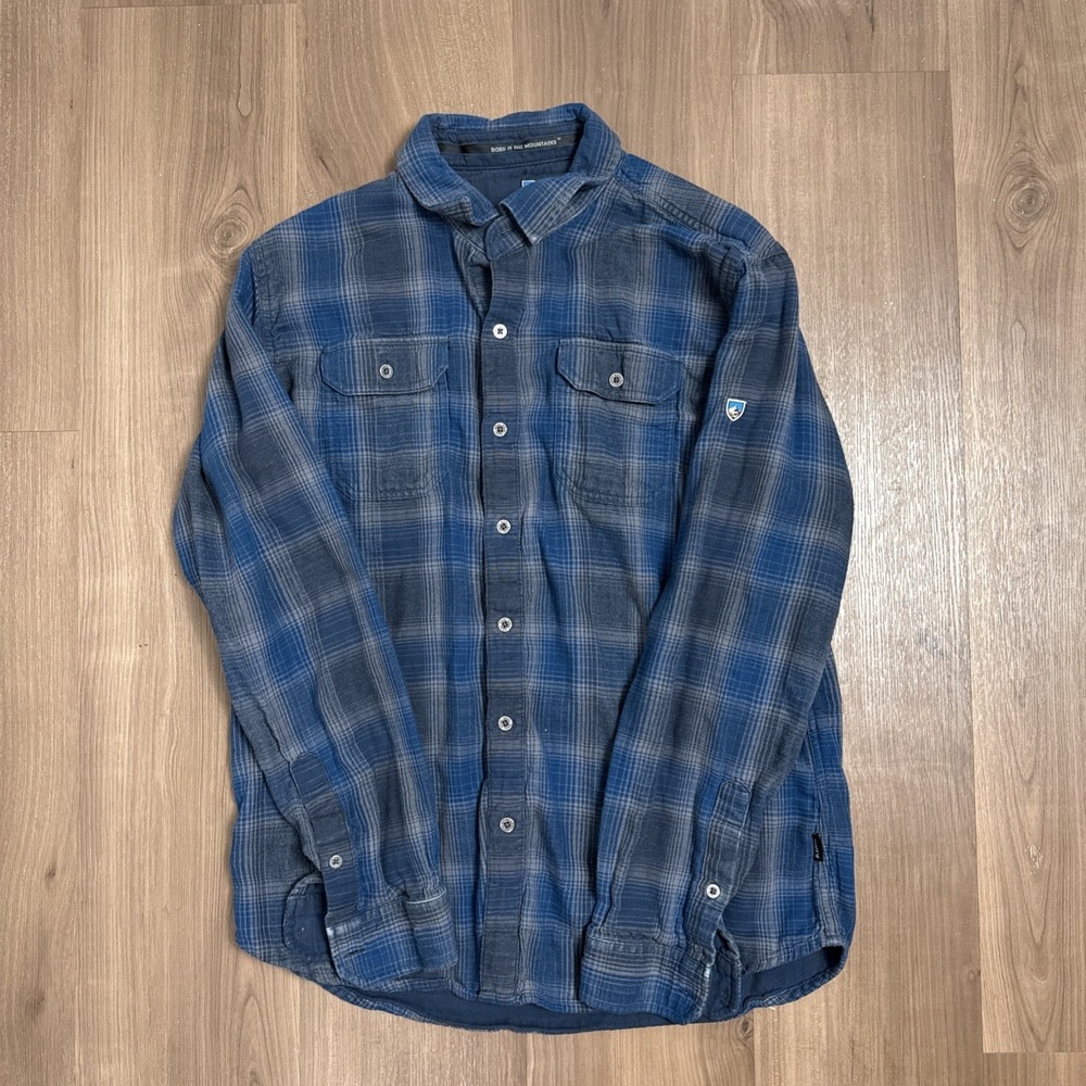 KUHL Button Up Flannel Mens M Blue Gray Plaid Long Sleeve Shirt